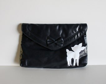 VINTAGE navy blue CLUTCH with hand painted deer