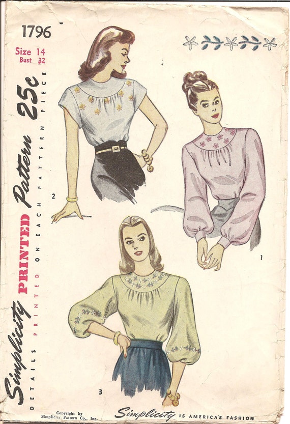 1940s Womens Peasant Blouse Pattern Simplicity 1796 Vintage