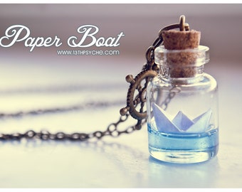 Paper Boat bottle Necklace. Origami boat necklace, Sea Ocean necklace vial, wish necklace, original summer necklace. cute gift for women