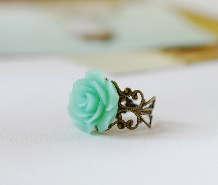 Mint Green Flower Ring Seafoam Green Floral Cocktail Ring.