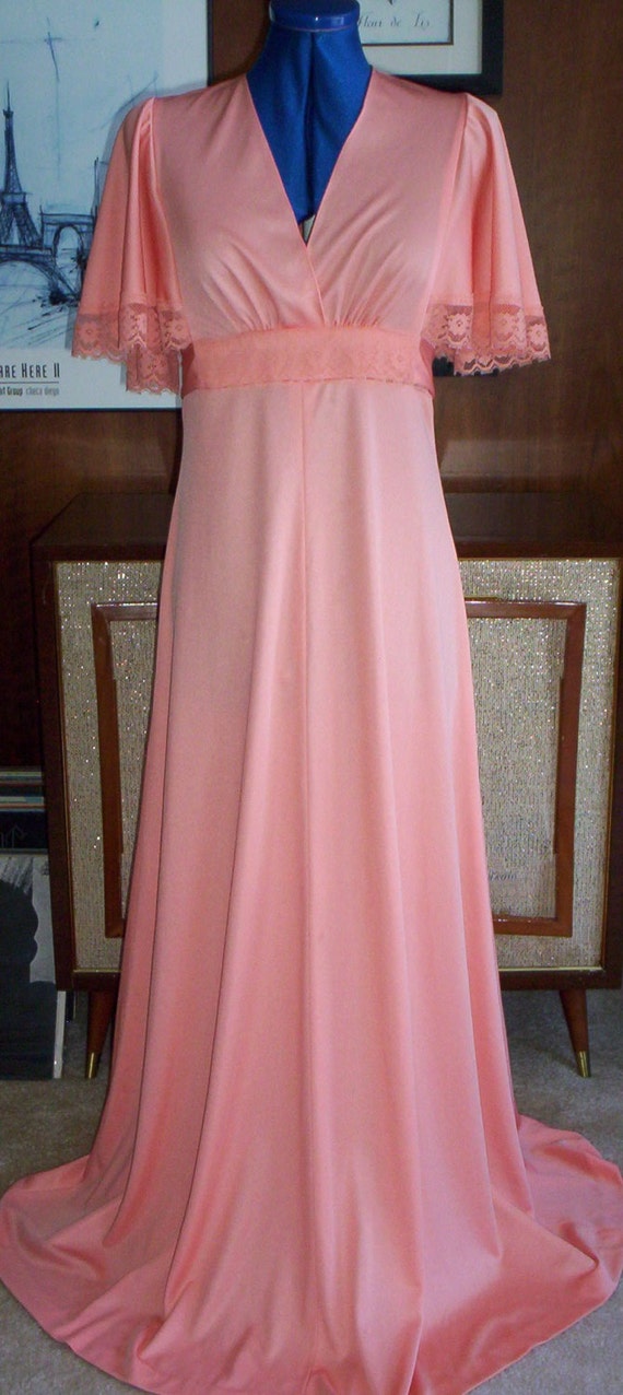 Vintage Georgia Peach Polyester Maxi Gown with Shelf Bust and Flutter ...