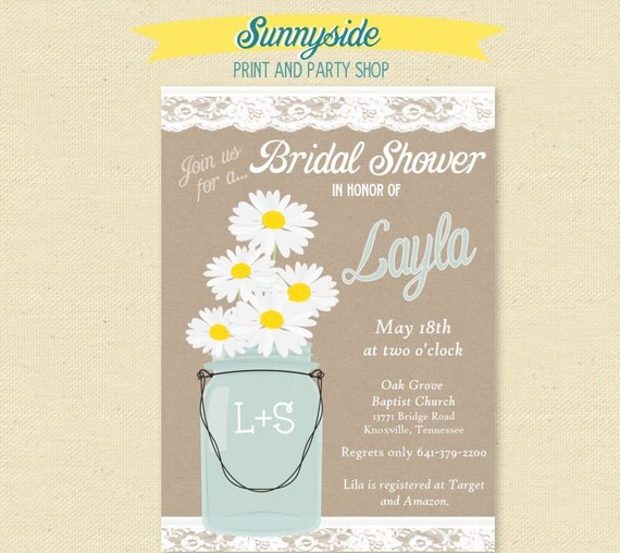 Burlap Mason Jar Invitation with Daisy / Daisies - Bridal Shower Invite Il_570xn