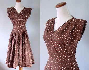 vintage mid century brown white polka dot 1950's day dress
