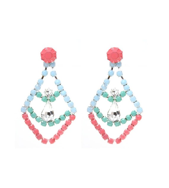 Items similar to Mint Green, Papaya and Pastel Blue Crystal Earrings on Etsy