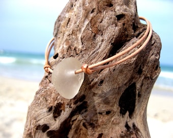 Hawaiian Clear Beach Glass on India Leather Cord Completely Adjustable & Stackable Bracelet