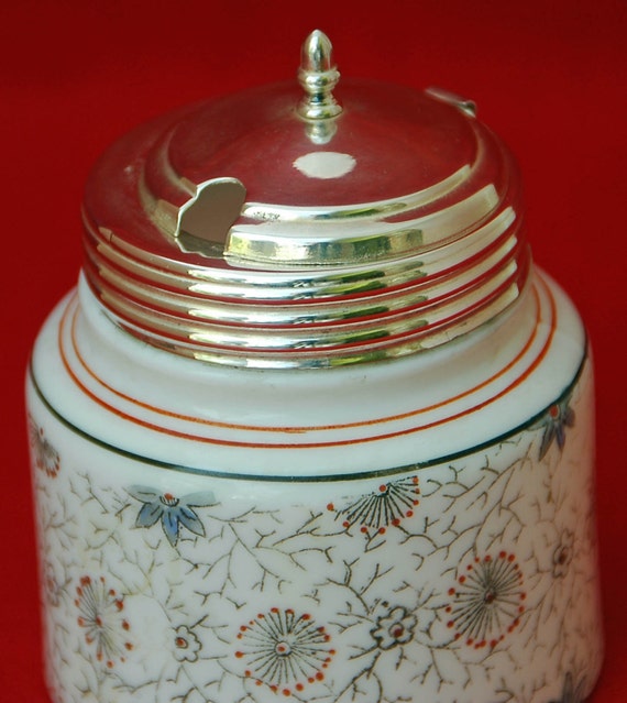 Rare Antique MILK Glass MUSTARD POT With Silver Lid by hensnest10