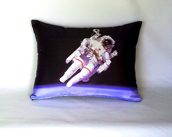 ON SALE: Astronaut in Space Pillow Cover - NASA Outer Space Shuttle Photo on Fabric / White, Blue, Black