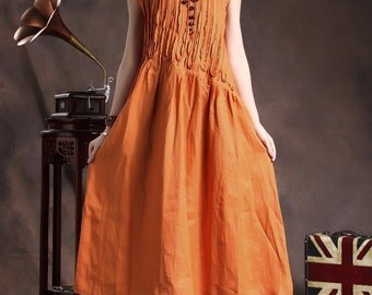 Linen Dress ,ruffle Linen Dress In Orange , Linen Cocktail Dress,long Linen Sundress , Loose Tunic Dress, Line Gown, Xl,xxl, Plus Size A8005