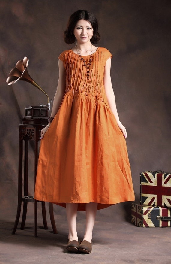 Linen Dress Ruffle Linen Dress in Orange linen by camelliatune