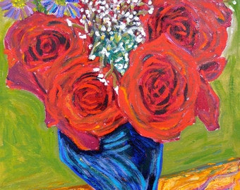 Vase of Red Roses - 8 in. x 10 in. Signed Print