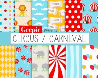 Digital paper circus: "CIRCUS CARNIVAL" with circus patterns and carnival textures for scrapbooking, invites, cards