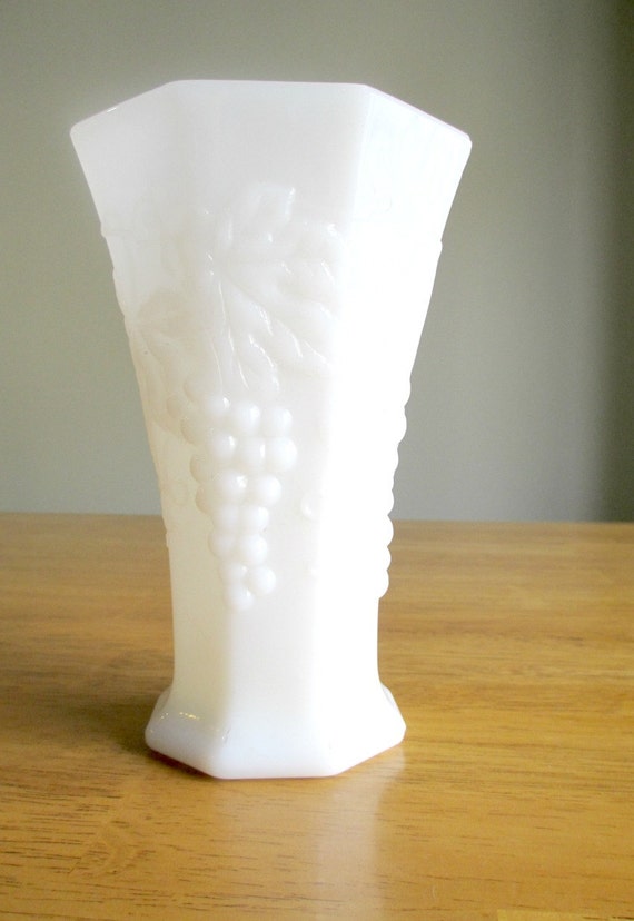 Vintage Milk Glass Vase White Flower Grape design by IsaLeeVintage