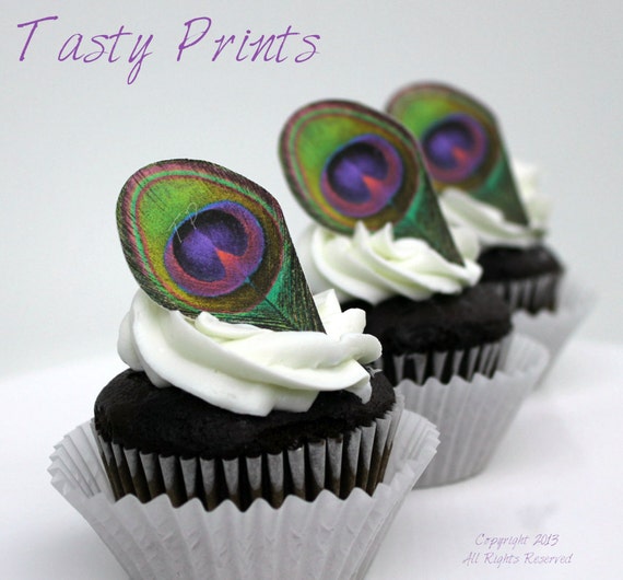 36 EDIBLE Peacock Feathers - Purple Fuchsia - Cupcake topper - cake decoration Il_570xn
