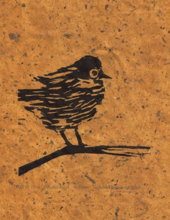Bird on Branch Original Woodcut Print Limited Edition 16/200