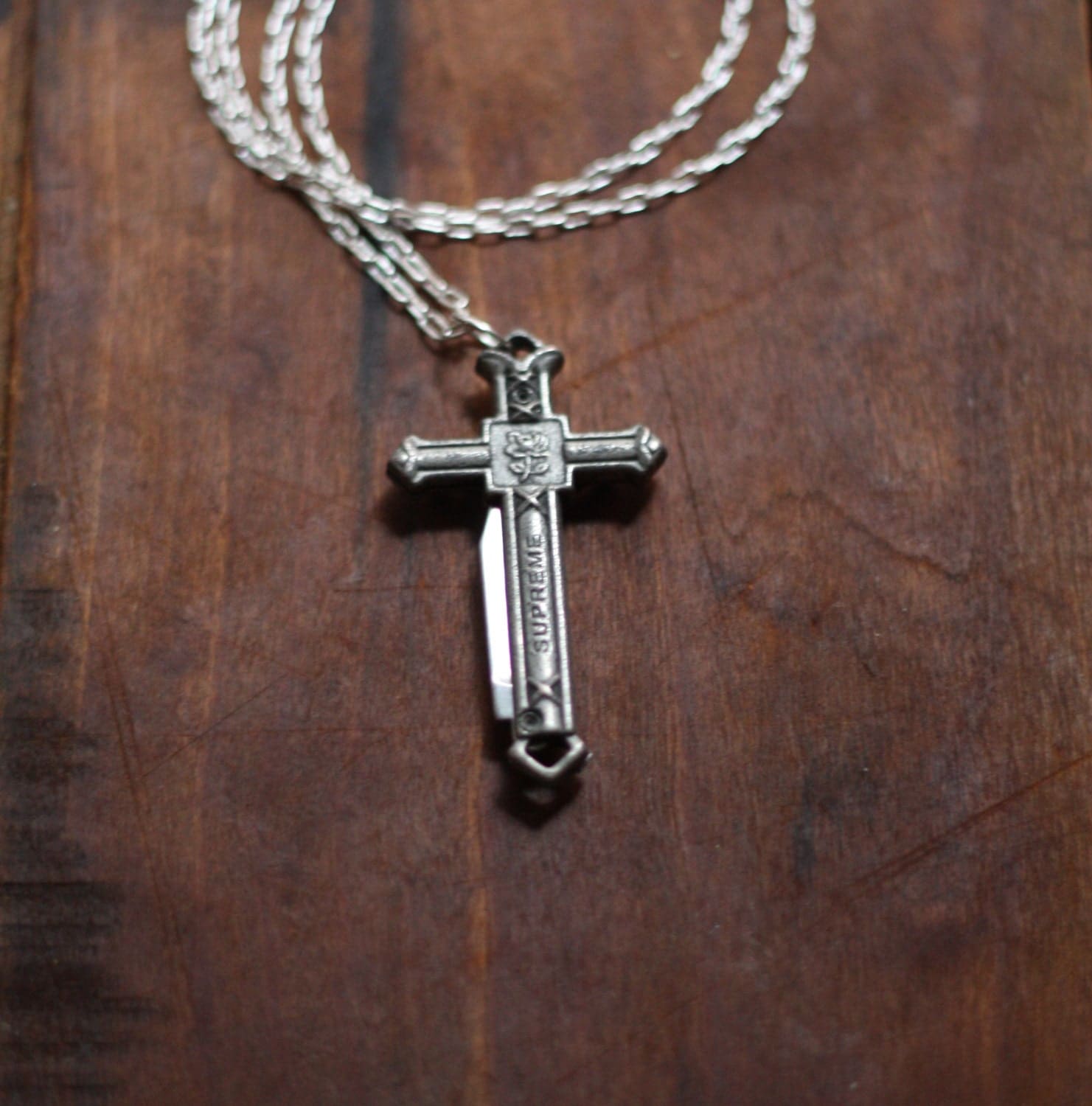 Pocket Knife Necklace Crucifix Cross Silver Religious Symbol