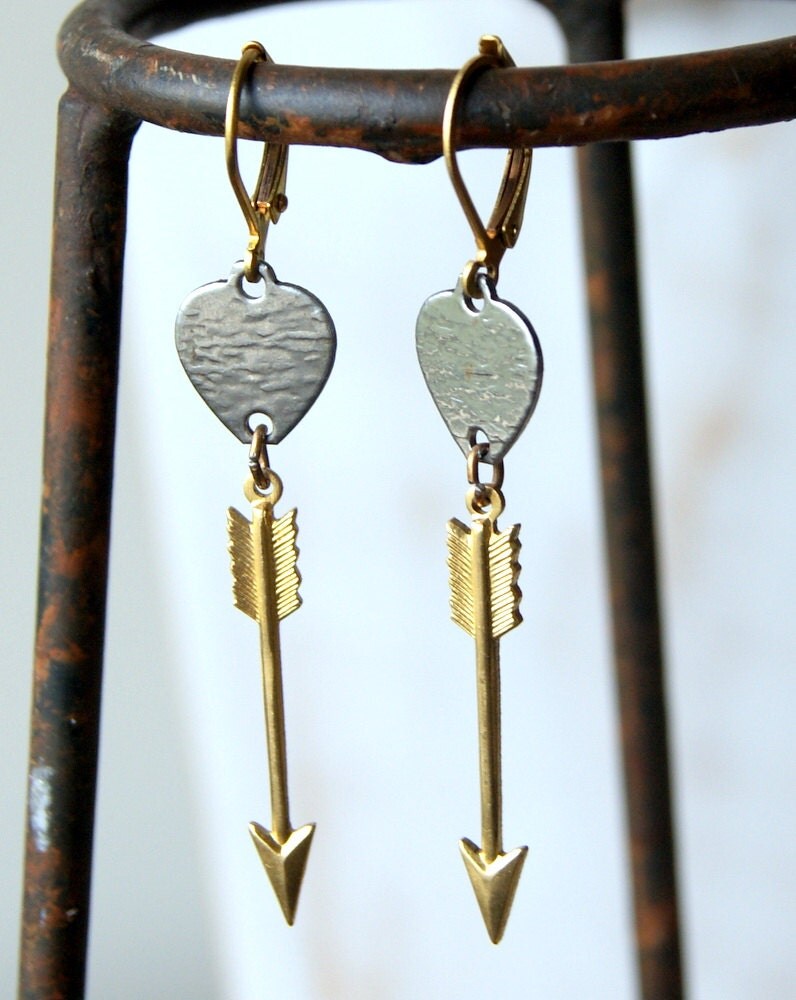 Arrow and Heart Earrings brass arrow earrings by WearYourWild