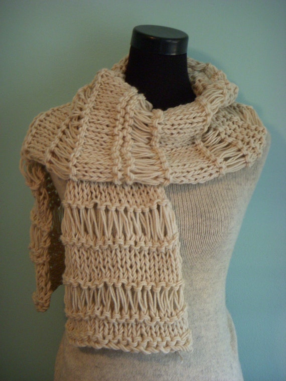 Cream Lacey Knit Scarf Openweave Cowl Wrap Soft by barleyandflax