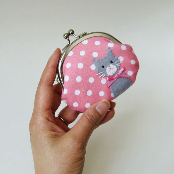 Cat coin purse gray kitty on pink polka dots