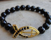 Black and Gold Crystal Christian Fish Symbol and Black Onyx Bracelet