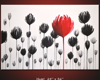 Large wall art original painting flowers wall decor / abstract floral art / modern florals / 24 x 36 art / red flower / black white art