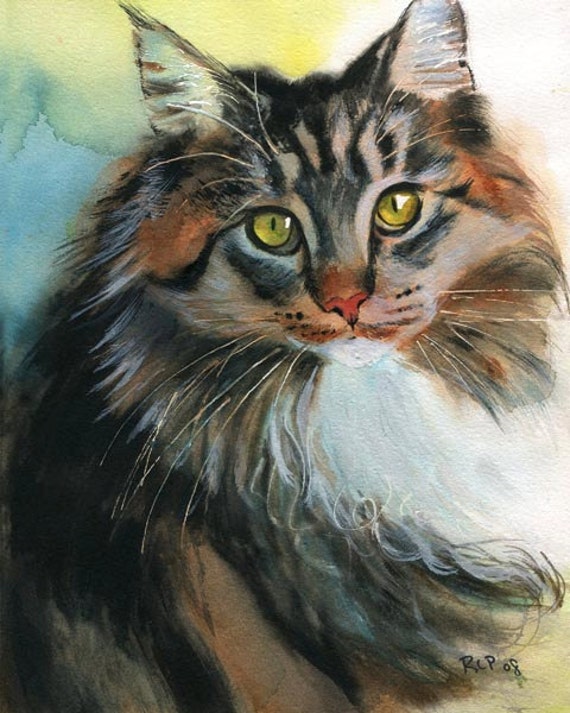 Maine Coon Tabby Cat Art  Print of my Watercolor Painting large