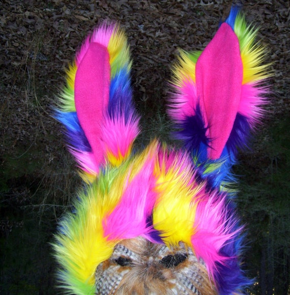 Rainbow Bunny Hat Furry Floppy Ears Halloween by avantegarb