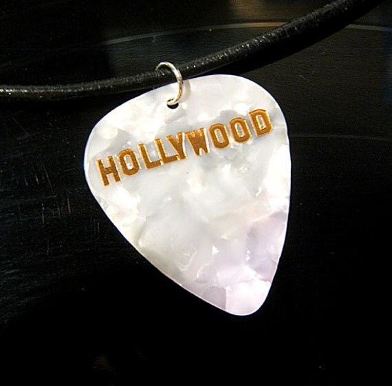 Hollywood guitar pick necklace, white and gold