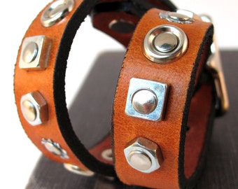Silver Geometric Shapes on Honey Brown Leather Dog Collar, Size S, Small Dog, to fit a 10-13 Neck, Eco-Friendly, OOAK