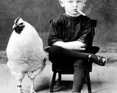 Unusual Vintage Reproduction Photograph Smoking Boy with Chicken  Black & White 8x10