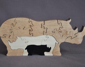 Rhino Rhinoceros 3D Animal Puzzle Wooden Toy Hand Cut with Scroll Saw