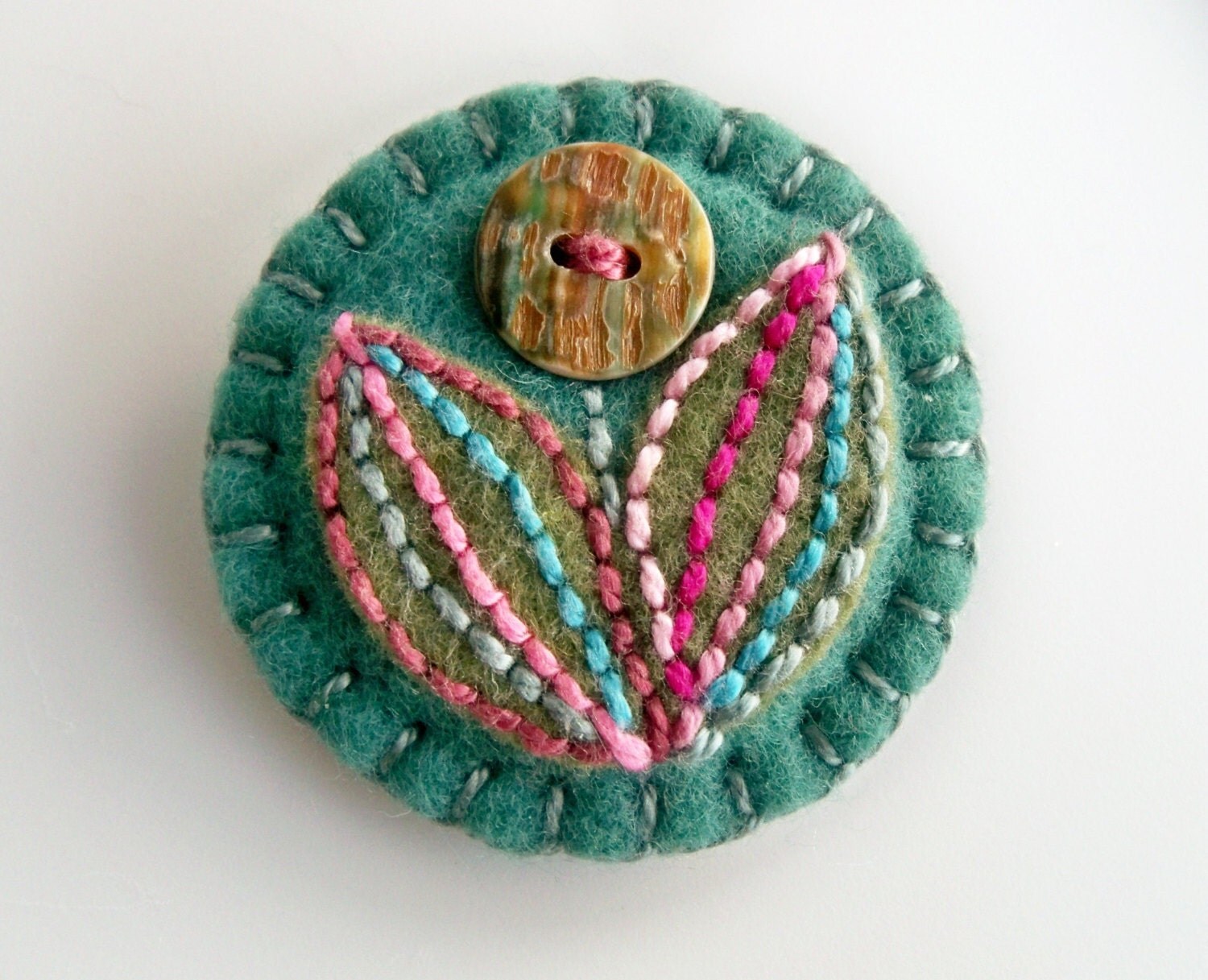 Hand Embroidered Felt Brooch with Vintage Button Flower