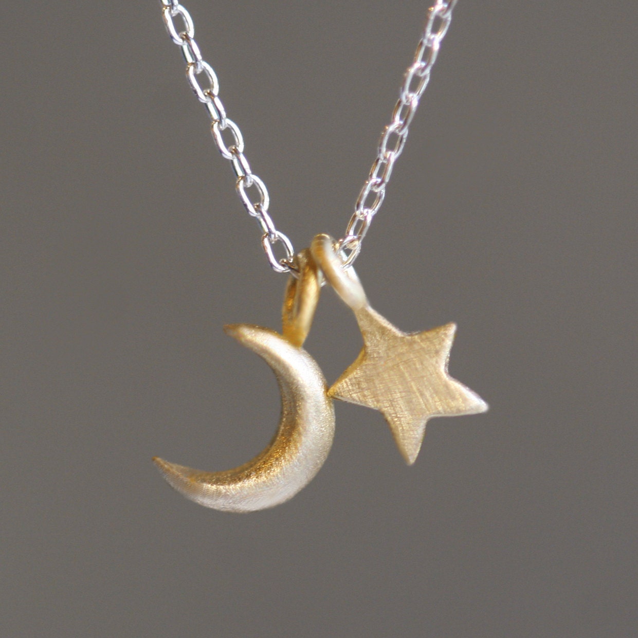 Small Moon and Star Necklace in 14K and Sterling Silver