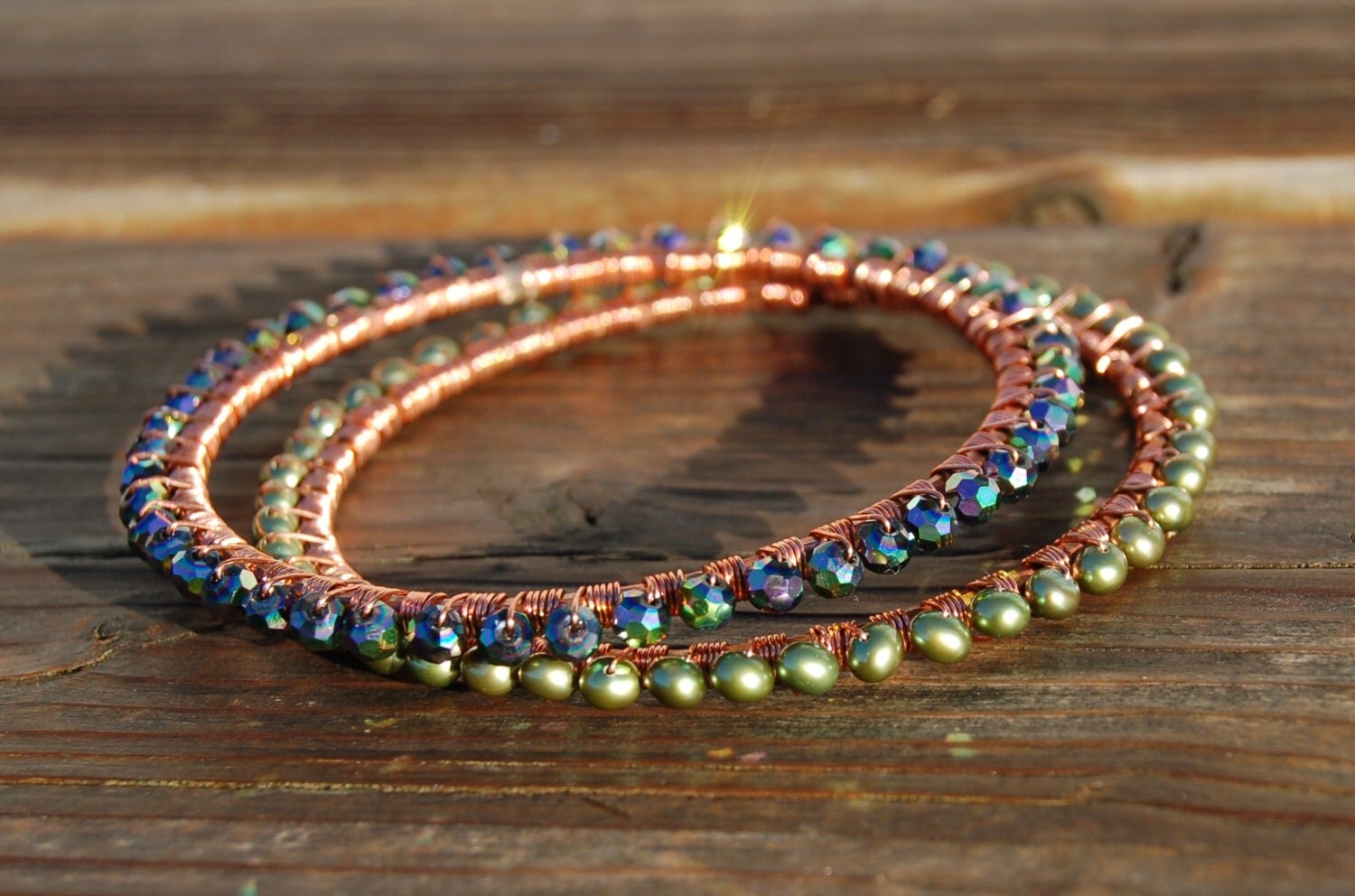 Duo of Handcrafted Copper Pearl and Crystal Wrapped Bangles