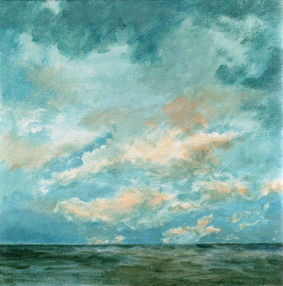 Original Landscape Painting on Canvas 8x8 Cloudy Sky Clouds