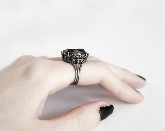 grey swarovski ring victorian gothic engagement ring oxidised silver filigree ring gothic jewelry gothic ring solitaire ring - Goth Wedding Rings grey swarovski ring victorian gothic engagement ring oxidised silver filigree ring gothic jewelry gothic ring solitaire ring - Goth Wedding Rings