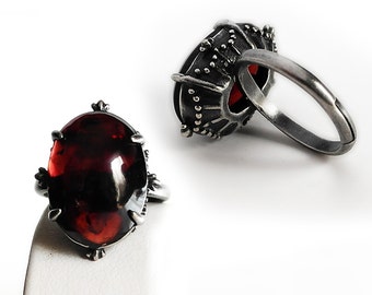 Garnet ring silver Gothic Engagement ring Garnet Jewelry gemstone Jewelry red stone ring dark silver ring Gothic Jewelry birthstone Jewelry