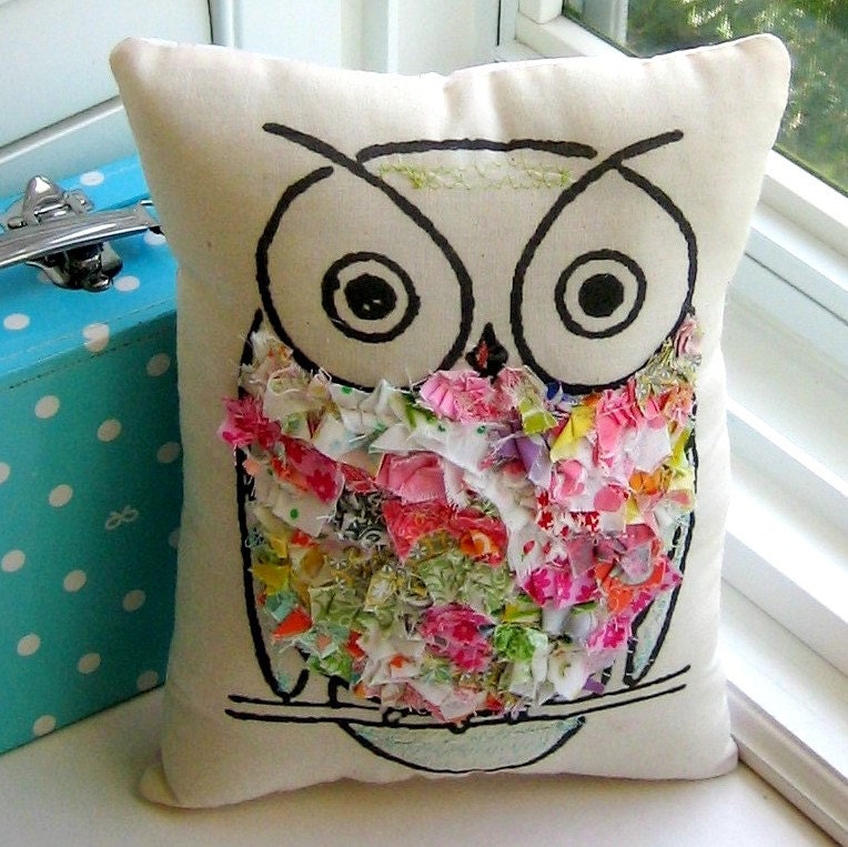Owl pillow stuffed owl fabric scrap pillow bird pillow