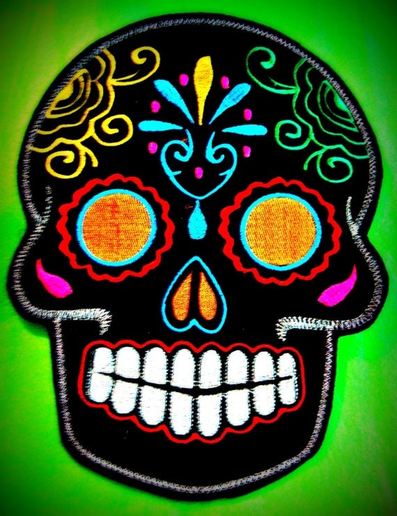 Sugar Skull embroidery patch 8X10 in. black multi orange eyes Dia de los Muertos