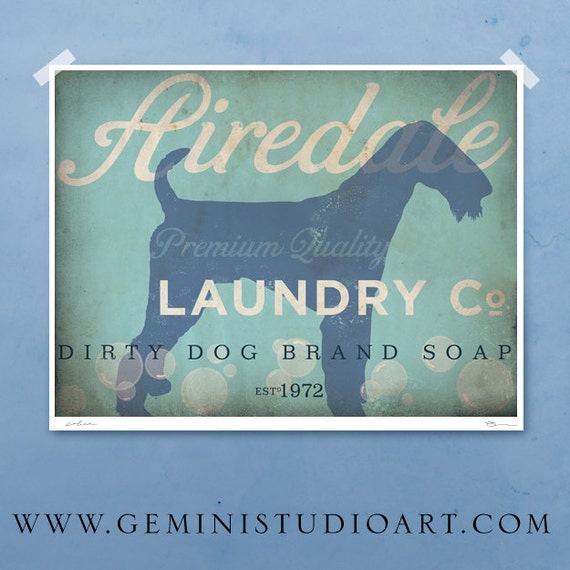 Airedale laundry company dog laundry room artwork giclee