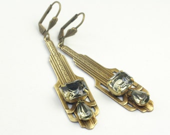 Art Deco earrings brass black diamond rhinestone grey vintage style 1920's gray gatsby old Hollywood glamour crystal gem 1930's flapper