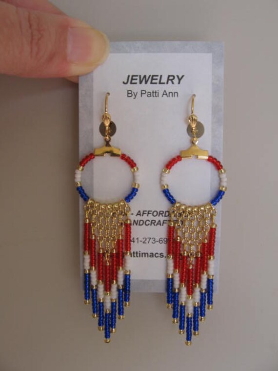 SALE Seed Bead Chain Hoop Earrrings Red/White/Blue