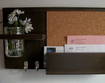 NEW DESIGN Wood Expresso Dark Brown Wall Shelf Cork Bulletin Board Message Center With Letter Holder