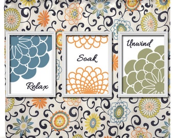 bathroom artwork orange prints bath dahlia trio canvas flower decor match bl ue soak unwind relax three