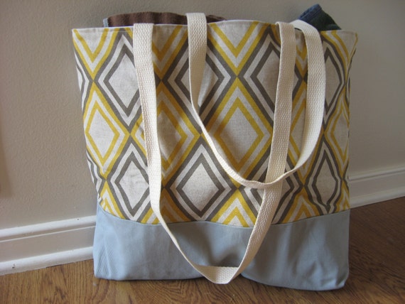 Large Beach Bag - Gray  Yellow Argyle Beach Tote - Water Resistant ...