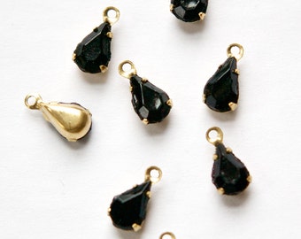 Vintage Black Glass Faceted Teardrop Stones in 1 Loop Brass Setting 8mm x 4mm par001Y