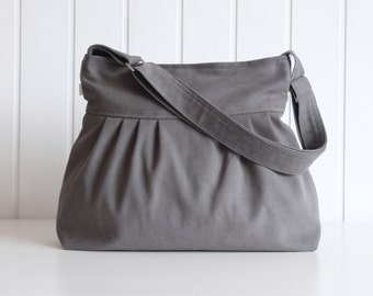 Olive Grey Canvas Pleated Bag - Messenger bag, adjustable strap with ZIPPER closure - diaper bag, Travel bag, trip / smoke gray
