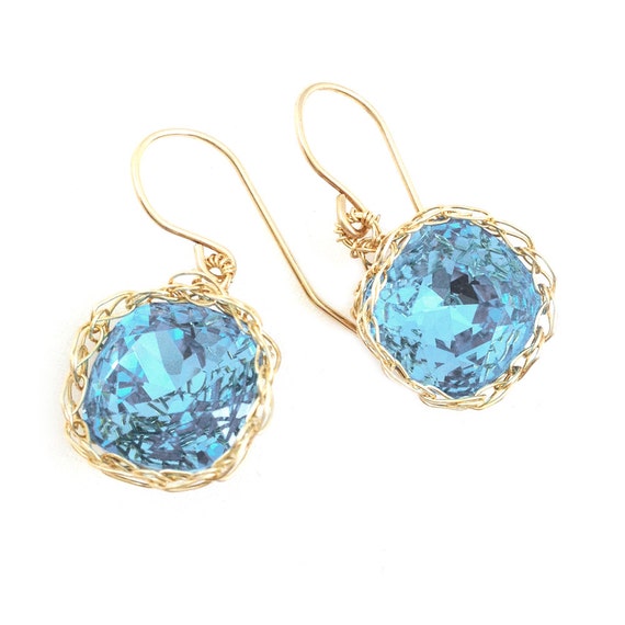 Aqua blue crystal earrings blue dangle earring gold wire