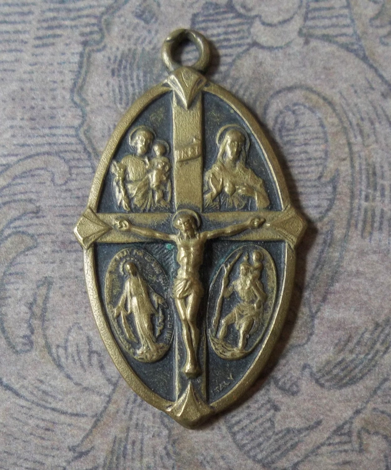 Italian Holy Cross Medal Brass All Saints Jesus Mary Joseph