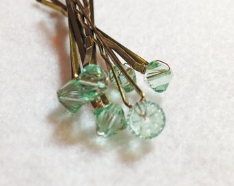 Light Green Crystal Hair Pins - Chrysolite Swarovski (set of 6 bobby pins) Wedding Hair Accessory