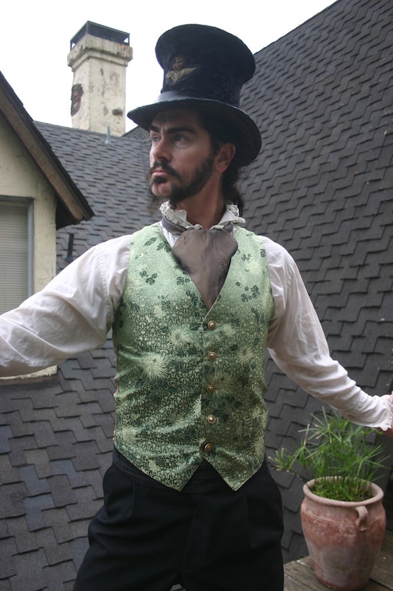 Green Chrysanthum Silk Brocade Gentlemen's Victorian Steampunk Vest by dashandbag steampunk buy now online